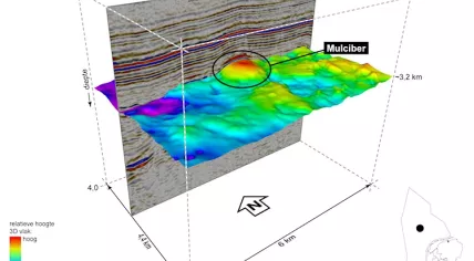 The Mulciber volcano (in red) found at the bottom of the North Sea. Three kilometers of sediment lies on top of it.