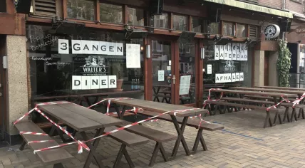 The closed patio in front of The Walter Woodbury Bar in Amsterdam Oost. May 6, 2020