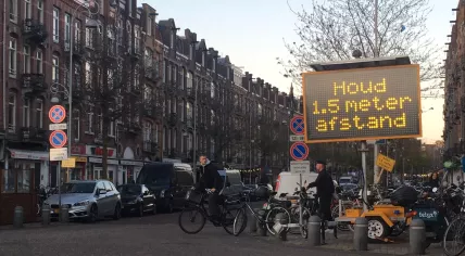 Covid-19: Sign reminding people to stay 1.5 meters apart on Javastraat in Amsterdam Oost, 15 May 2020