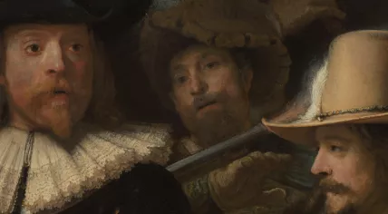 A close up of a scene in Rembrandt's The Night Watch, part of a 44.8 gigapixel image of the painting