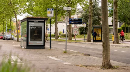 Artwork on a Clear Channel digital bus shelter in Utrecht