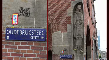 Graffiti promoting Black Lives Matter on the Beurs van Berlage, where Tony's Chocolonely has a store 