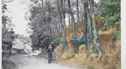 Post card ‘rue Daubigny, Auvers-sur-Oise’ covered with the painting ‘Tree Roots’ (1890) by Van Gogh