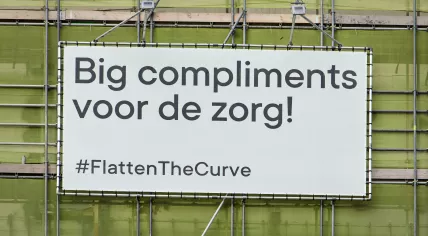 A billboard of appreciation for care workers erected at a construction site opposite the Erasmus Medical Center in Rotterdam. April 12, 2020