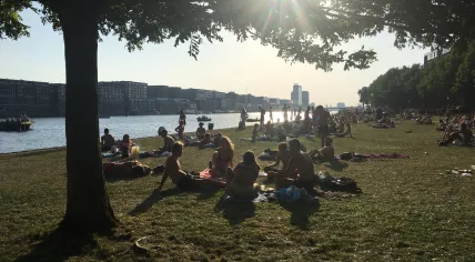 People filled up Bogortuin on Java-eiland to soak up the sun. Amsterdam had security staff on site to manage crowd size, 9 August 2020