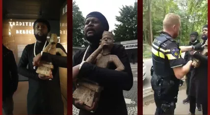 Mwazulu Diyabanza taking a statue of Congolese origin in protest from the Afrika Museum. 10 Sept. 2020