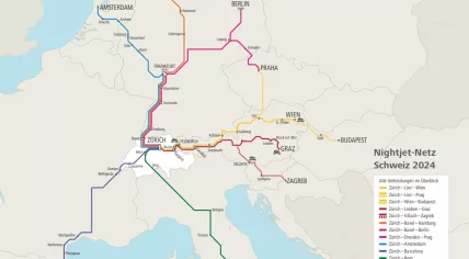 ÖBB and SBB route map showing the night train connection between Amsterdam and Zurich