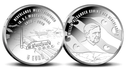 A five-euro coin commemorating the centennial of the Woudagemaal pumping station, and featuring Willem-Alexander
