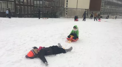 Kids enjoying the snow in Amsterdam, 7 February 2021