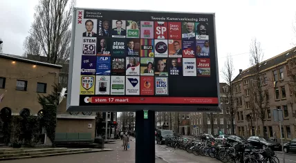 Campaign signs for the 2021 parliamentary election on Javaplein in Amsterdam Oost, 12 March 2021