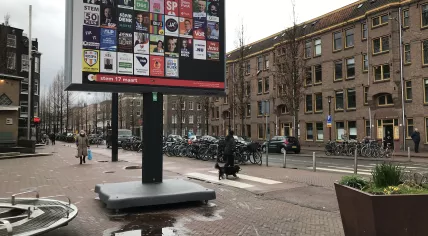 Campaign signs for the 2021 parliamentary election on Javaplein in Amsterdam Oost, 12 March 2021