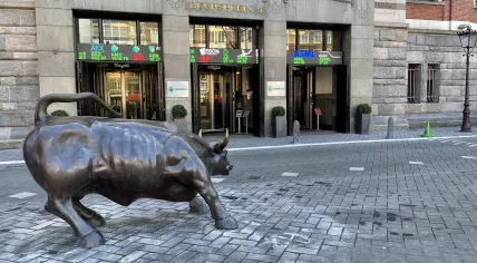 The bull statue in front of the stock exchange at Beursplein 5, home of Euronext Amsterdam. 19 March 2021
