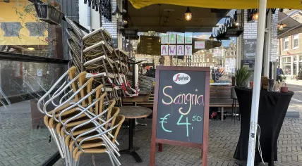 Chairs stacked up outside Villa Nieuwmarkt during the coronavirus pandemic and lockdown. 19 March 2021