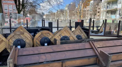 Chairs stacked up outside Rembrandt Corner during the coronavirus pandemic and lockdown. 19 March 2021