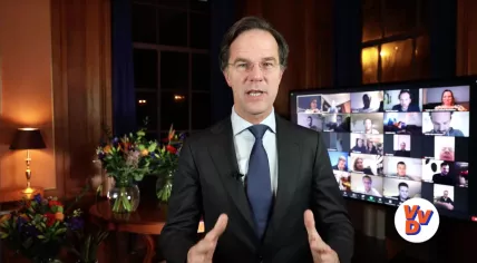 Mark Rutte delivers an online address to VVD supporters after winning the 2021 parliamentary election. 17 March 2021