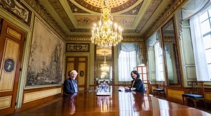 Herman Tjeenk Willink (L) meets with Tweede Kamer chair Khadija Arib after his selection as the new Cabinet formation scout. 6 April 2021