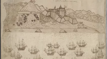 A 1629 drawing of Dutch troops battling with Ghanaians in front of Fort Elmina when it was controlled by Portugal