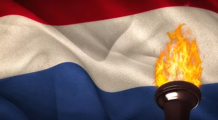 Olympic flame on a Dutch flag background.