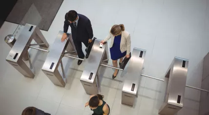 Company workers arriving at work.