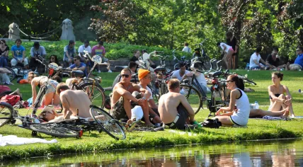Groups of young people in the Vondelpark in Amsterdam