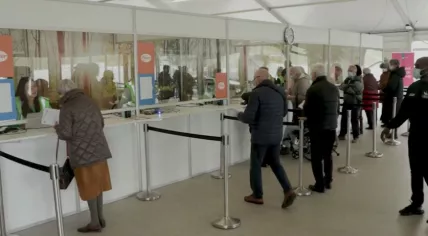 People line up for a Covid-19 vaccination shot at a GGD facility in The Hague. 18 March 2021