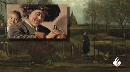 Foreground: Twee Lachende Jongens by Frans Hals. Background: De Lentetuin by Vincent van Gogh