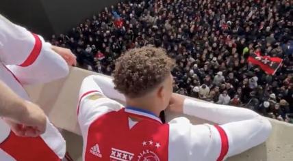 Ajax players celebrate the 2020-2021 Double in front of 12,000 fans gathered at the Johan Cruijff Arena. 2 May 2021