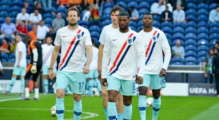(L-R) Daley Blind, Marted de Roon, Giorgino Wijnaldum and Denzel Dumfries during a Nations League match against Portugal. 9 June 2019