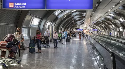 Passengers waiting for a corona test at the airport terminal in Frankfurt in Germany. 11 Jul 2020.