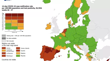 A map from the ECDC showing the coronavirus risk levels for EU Member States. July 15, 2021