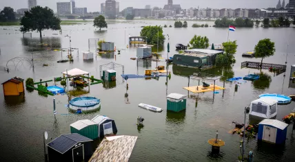 De Hatenboer campsite in Roermond was evacuated after flash floods swept through the area damaging caravans and campers. 15 July 2021