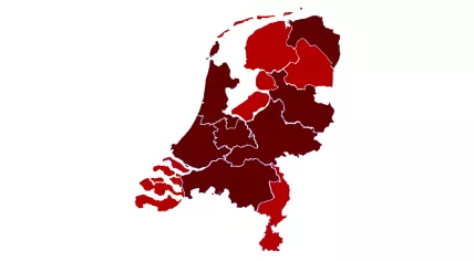 Dutch provincial map shaded Dark Red for regions at most serious risk of coronavirus by the ECDC. 22 July 2021