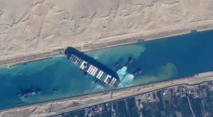 The container ship Ever Given stuck in the Suez Canal in Egypt, taken from the International Space Station. March 27, 2021