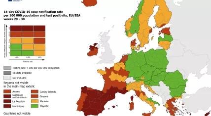 The ECDC’s map of European Union countries based on coronavirus risk levels. 5 Aug. 2021