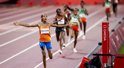 Sifan Hassan crosses the finish line during the 5,000 meter final at the Olympic Stadium in Tokyo. August 2, 2021