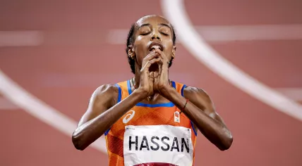 Sifan Hassan was overjoyed after winning the 10,000 meter event at the Olympic Stadium in Tokyo. 7 August 2021
