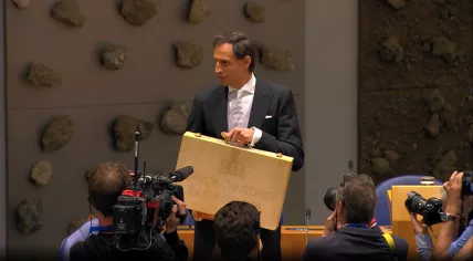 Wopke Hoekstra, the Minister of Finance, presenting the 2022 Dutch budget in the Prinsjesdag briefcase. September 21, 2021