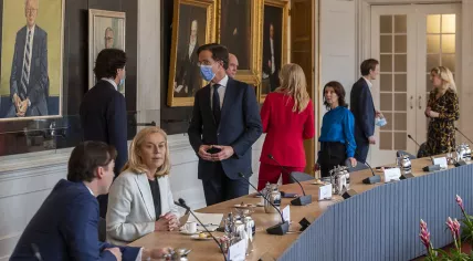 Party leaders at the first meeting for the cabinet formation one day after the parliamentary election, 18 March 2021
