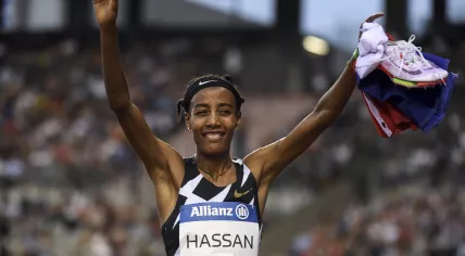 Netherland's Sifan Hassan celebrates after winning the women's one mile event at The Diamond League AG Memorial Van Damme athletics meeting at The King Baudouin Stadium in Brussels on September 3, 2021