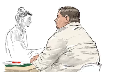 Court sketch of Alex S., suspected of assisting multiple people in taking their own lives by selling suicide powder, 27 October 2021