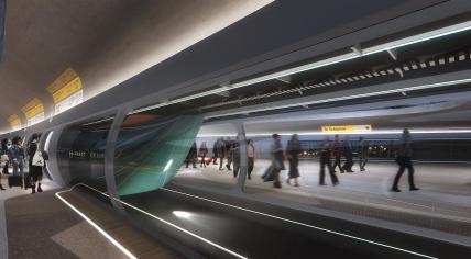 Artist's rendition of the Hardt Hyperloop departing from a Dutch station