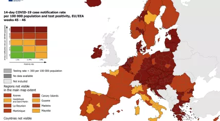 All 12 Dutch provinces were dark red on the European map of coronavirus cases released by the ECDC on 25 November 2021