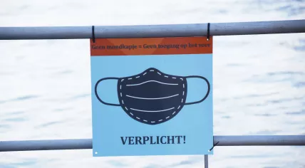 A sign saying face masks are required on the water-based public transportation services in Rotterdam. 13 June 2020