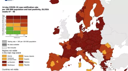 The entire Netherlands stayed dark red - the highest warning color - on the European map of coronavirus cases published on 9 December 2021