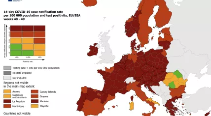 The entire Netherlands stayed dark red - the highest warning color - on the European map of coronavirus cases published on 16 December 2021