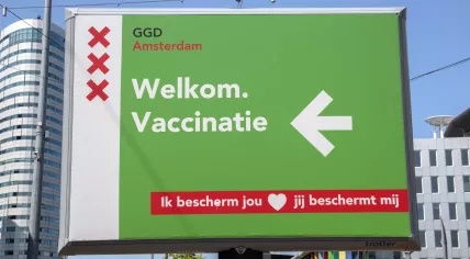 A billboard for the vaccination site at AFAS Live in Amsterdam. July 18, 2021