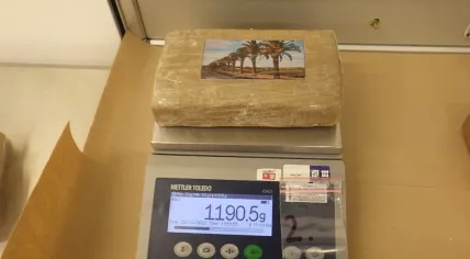 A package of cocaine weighing 1.2 kilograms, out of a total of 32 kilograms found in a banana shipment from Ecuador. December 22, 2021