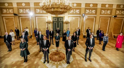 Group photo of the just sworn in Rutte IV Cabinet with King Willem-Alexander at Noordeinde Palace in The Hague, 10 January 2021
