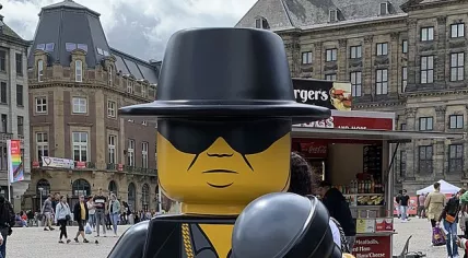 Lego statue of Andre Hazes on Dam Square in Amsterdam, 31 July 2021