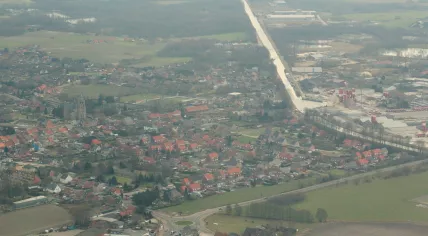 Aerial view of Sint-Lenaarts, Belgium, including the Dessel-Turnhout-Schoten canal. 2009